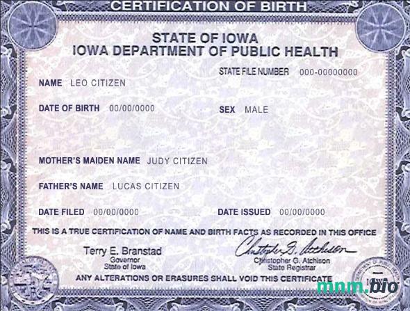 USA Iowa state narodziny certyfikat szablon w formacie PSD